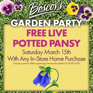 Join us at #boscovs THIS Saturday, March 15th for our Garden Party 🌸 Enjoy a FREE lemonade, fudge sampling and a potted pansy with any home purchase! Shop tons of spring deals and register to win contests! At all Boscov's stores in store only. | Boscov's