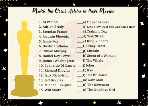 Oscars Trivia Game Printable: Match the Oscar Actors for Awards Night - Etsy