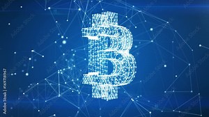 Bitcoin Icon Appearing in Network Cloud from Lines and Dots. Symbol Forming from Particles. Looped 3d Animation. Loop from 100 to 500 frames. Business and Technology Concept. 4k UHD 3840x2160.