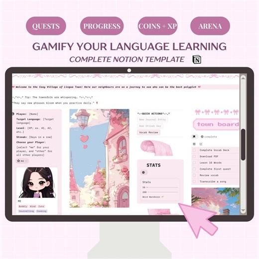 All-in-one Gamified Language Learning Template: Coquette Interactive Notion Planner for Productivity, Study, Planning, & Learning - Etsy Canada