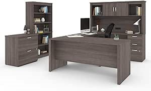 Bestar Logan U Shaped Desk with Hutch, Lateral File Cabinet, and Bookcase in Bark Gray, 66W | Complete Office Setup for Home or Commercial Spaces