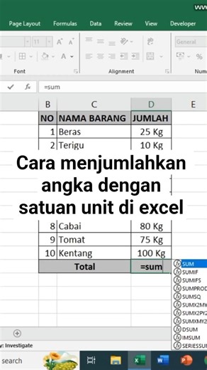 Cara jumlahin angka + satuan unit di excel