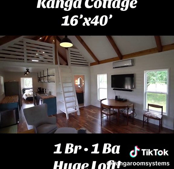 This 16x40 Cottage has been one of our most popular builds! We are so grateful to our customers who let us get some video. This is our standard layout for our 16x40 and this customer hand picked their lighting fixtures and we really think it made it pop! They also chose an upgrade to paint the pine t&g ceiling white and it turned out beautiful! We love it! #kangaroomsystems #putoneoutback #kanga #tinyhome #tinyhouse #motherinlawsuite #countrylife #simpleliving #livesimply #homebuilding #glamping