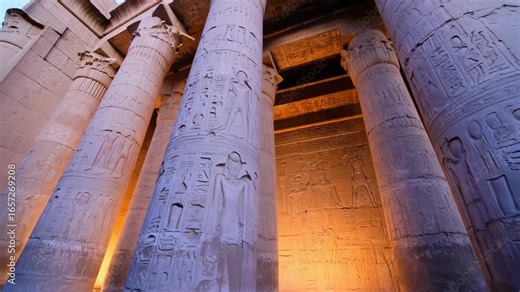 Ancient Egyptian Temple Columns with Close Up, and Historic Architecture.