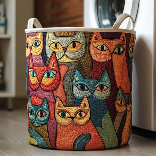 Whimsical Cat Quilted Laundry Basket, Cute Cat Hamper, Pet Lover Storage Bin, Cozy Home Decor, Fabric Organizer, Gift for Cat Lovers