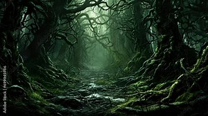 A bewitched forest filled with gnarled trees and writhing vines a translucent spirit roaming ast the trees.