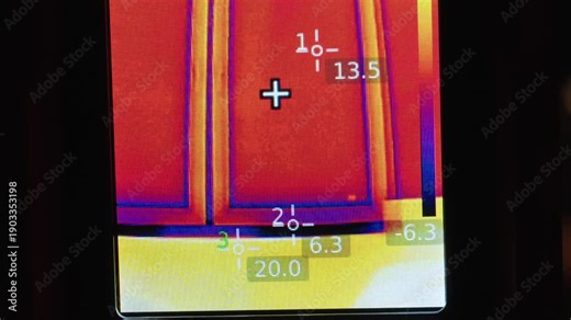 Close-up view of a portable infrared camera display, showing temperature around a window. Technician Uses Thermal Imaging Camera to Detect Heat Loss Through Window Frames in Residential Property.