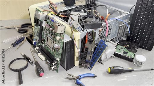 Closeup tilt shot of an old PC desktop computer on a floor, which has been dismantled for spare parts, with many electrical components, wiring and tools in and around the case.