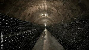 Wine Cellars of the Winery. Old Bottles with Champagne are Kept in Racks