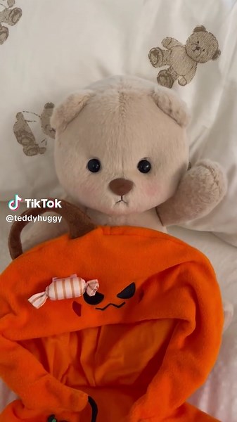 Cozy Teddy Bear in Pumpkin Cloak for Halloween