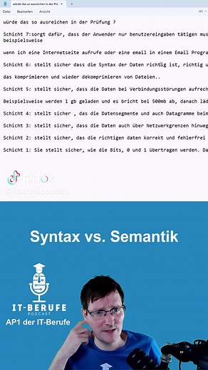 🔍 Syntax vs. Semantik – was ist der Unterschied? Erfahre in diesem Video, wie diese beiden Konzepte in der IT-Ausbildung und Programmierung eine Rolle spielen! Von HTTP-Requests bis XML – verständlich erklärt! 💻✨ #Programmierung #ITBasics #Syntax #Semantik ---- 👉 Mein Prüfungsvorbereitungskurs zur #AP1 für alle #ITBerufe (z.B. #Fachinformatiker): https://dieperfekteihkpruefung.de