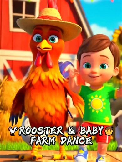 Baby and Rooster Enjoy Dynamic Dance Under Farm Sky