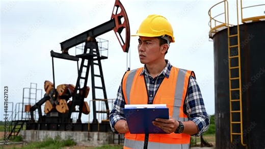 Professional oil field engineer in hard hat and safety vest inspecting an oil pumpjack and storage tank, managing energy production operations and ensuring safety standards in the petroleum industry.