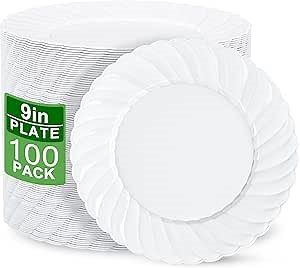 U-QE 100 Pieces White Plastic Plates - 9 Inch White Disposable Plates - Washable & Reusable - Premium Hard Plates - Party Supplies for Party, Celebrations, Travel, Wedding, Party and Events