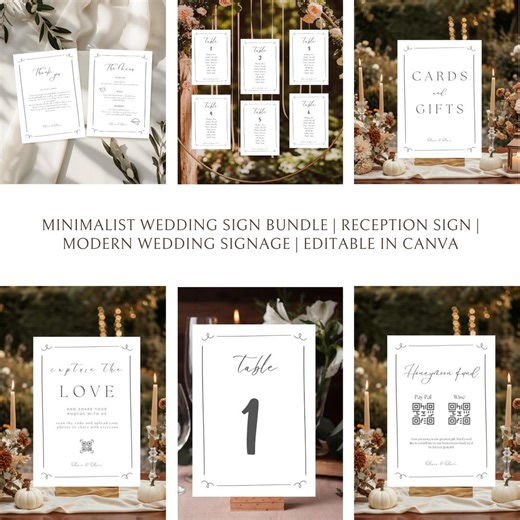 Wedding Sign Bundle Editable in Canva, Minimalist Reception Signs, Modern Wedding Signage Set, Table Numbers, Cards & Gifts - Etsy
