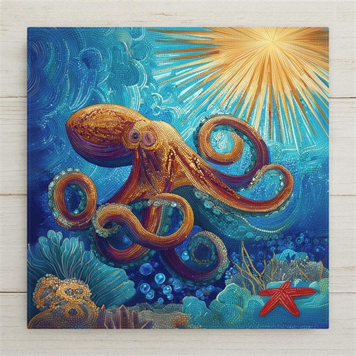 Octopus Ceramic Tile Wall Art – Stained Glass Style Ocean Wall Decor, Nautical Home Decor, Coastal Sea Life Art Tile - Etsy