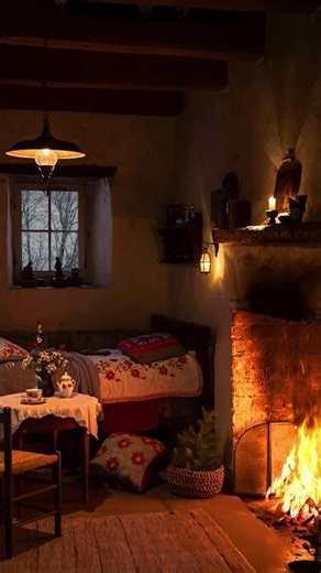 Cozy Snowy Cabin Bedroom ❄️ Fireplace & Peaceful Winter Escape #logcabin #cozyvibes #snow