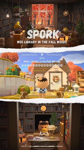 Maine❤️ on Instagram: "Spork 🐗📚 ~ Wee Library in the Fall Woods ~ Animal Crossing New Horizons Happy Home Paradise #animalcrossingnewhorizons #happyhomeparadise #acnhspork"