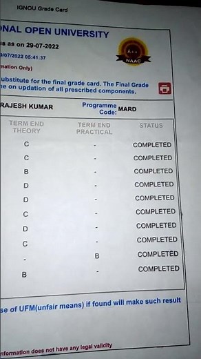 Ignou Grade card status