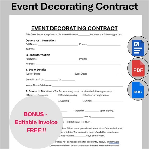 Editable Event Decorating Contract, Simple Event Planning Service Form Agreement, Printable Decor Rental Template, Party Decorator Planner - Etsy