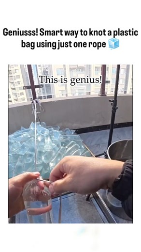 explainingproduction on Instagram: "The post shares a viral life hack video demonstrating how to create portable ice cubes by filling small plastic bags with water, tying them shut with a single string looped through multiple bags for secure freezing, allowing easy separation without trays. This method is practical for off-grid or travel scenarios, as the thin plastic enables faster freezing than traditional trays and prevents individual cubes from sticking, based on basic heat transfer principl