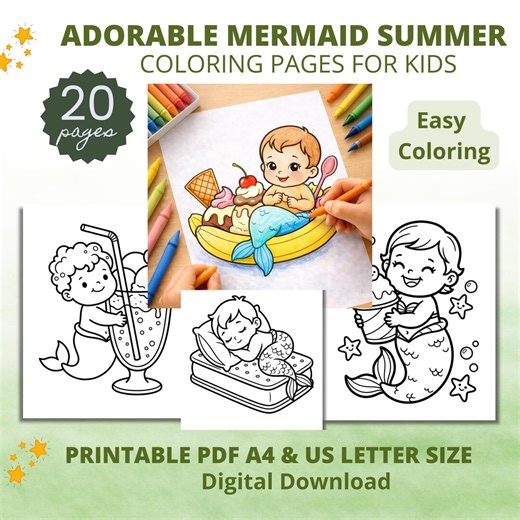 Mermaid Coloring Pages for Toddlers, Summer Ice Cream Printable Activity (Digital Download)