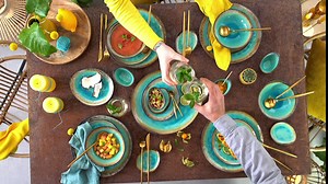 | Capri 12-piece crockery set, plate set 4 people, stoneware crockery including dinner plate, dessert plate & deep plate, handmade dinner service, dinnerware set turquoise blue with gray edge