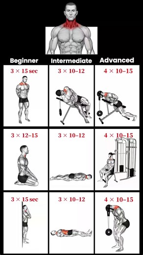 Grow Your Neck Safely (Beginner to Advanced). Safety Note; Neck is sensitive—train slowly with controlled movements and avoid jerky reps or heavy weight too soon. Stop immediately if you feel pain or strain, and prioritize proper form over intensity. 🟢BEGINNER Assisted Chin Tuck — 3 × 10–12 (3–5 sec hold) Seated Chin Tuck — 3 × 12–15 Neck Side Stretch — 3 × 15–25 sec 🟡INTERMEDIATE (3 × 10–12) Lying Chin Tuck Raise Prone Cervical Extension Lying Side Lifting Head (Each Side) 🔴ADVANCED (4 × 10–