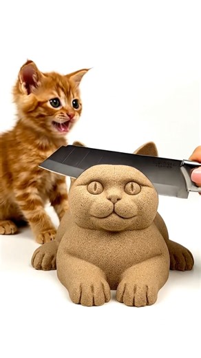 Kitten’s reaction to slicing the sand cat 😹