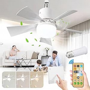 Socket Fan Light Detachable Five-Leaf Remote Control Ceiling Fan Light Ceiling Fans with Lights Three Shades (White Light, Neutral, Warm Light) for Living Room, Bedroom, Kitchen