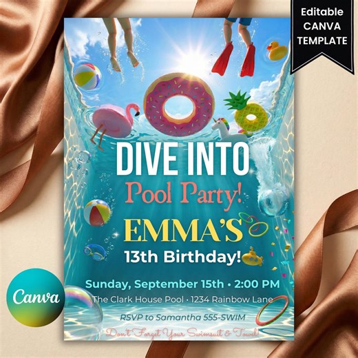 Pool Party Birthday Invitation Swim Party Invite Kids Swimming Party Editable Canva Template Instant Download Kids Pool Birthday Celebration - Etsy UK