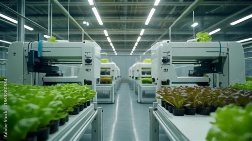 Vertical farming greenhouse with automated hydroponic trays and robotic harvesters in a modern indoor facility
