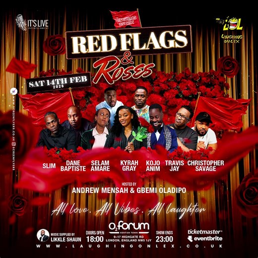 Get ready for a night of pure comedy greatness as some of the UK’s most celebrated comedians take to our stage for an unforgettable evening of laughter. Catch Slim Gray, Kojo Anim, Dane Baptiste, Christopher Savage, Travis Jay, Andrew Mensah, Gbemi Kyrah and Selam Amare here on Sat 14 Feb. 🙌 Grab your tickets 🎟️ https://www.academymusicgroup.com/o2forumkentishtown/events/laughing-on-l-ex-red-flags-and-roses-tickets-ae1631281 | O2 Forum Kentish Town