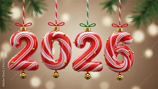 Festive 2026 transition with hanging candy cane numbers and holiday decorations