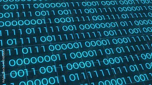 Blue binary code foreground. Digits of 0 and 1 switch to binary data loop. Concept: Technology, data, cybersecurity, binary code.