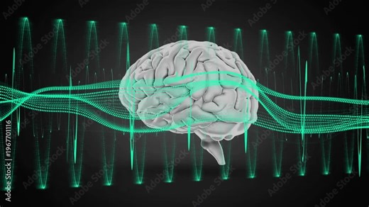 Teal sine-wave band sweeping through 3D brain model, rotating while pulse columns showing signals