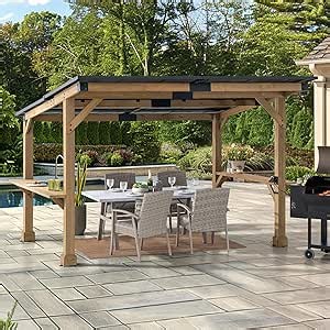 Sunjoy Wooden Grill Gazebo 10 ft. x 12 ft. Outdoor Cedar Frame BBQ Pergola, Backyard Hot Tub Gazebo with Metal Hardtop Roof, Exclusive PowerPort and Bar Shelves
