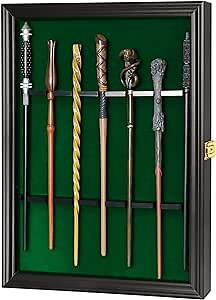 Wands Display case Magic Wand Stand Universal Wall Mount Lockable Vertical or Horizontal Hanging Wood magiquest Wand Holder Box Rack for 7 Wand Collection（Green Cloth）