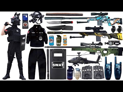 Special Forces military toy gun set unboxing, AWM sniper rifle, SCAR assault rifle, tactical helmet