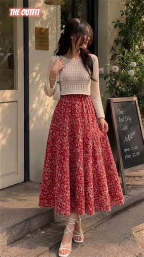 Romantic Cottagecore Outfit Ideas ❤️| Red Floral Maxi Skirt Outfit | Summer Fashion Lookbook #shorts