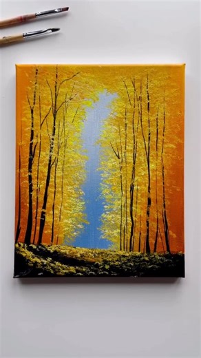 AB mini ART on Instagram: "Enchanted Forest: Golden Passage ✨ This series feels simple at first but the magical depth it leaves behind is why I keep coming back to my Enchanted Forest series 💛Each time with a new color combination🎨✨ Ending this year grateful for all the love and support. Wishing everyone a happy new year 🤍 . . . . . . . . . . . . . . . . . . . . . . . . . . . . . . . . #painting #canvasartwork #easyart #fypage #landscapeartist"