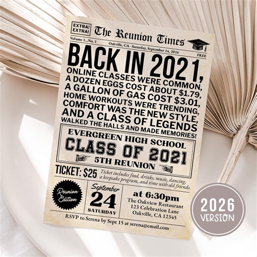 5th Class Reunion Invitation Template, Class of 2021 5th High School Reunion, Newspaper Theme College Reunion Invite, Edit With Canva - Etsy Canada