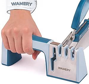 Wamery Knife & Scissors Sharpener, 4-Stage Pull-Through with Scissors Slot, Diamond & Ceramic Stages, Non-Slip Base, Ergonomic Handle - Restores Straight & Lightly Serrated Edges