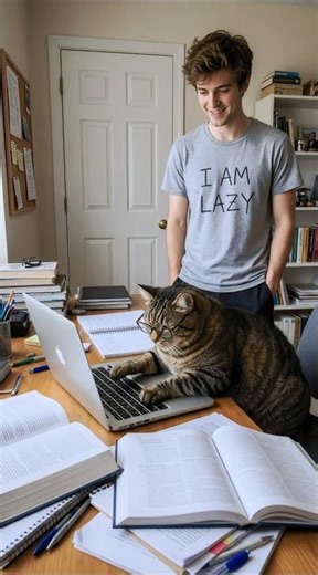 Angry Cat Doing Homework