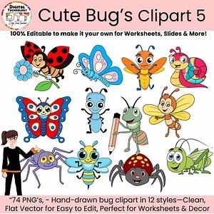 Cartoon Insect Clipart Bundle: Hand-drawn Editable Vector Graphics (74 Pngs) - Etsy