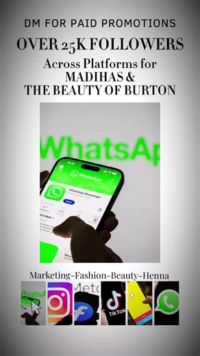 TAKE ADVANTAGE OF OUR FOLLOWING OF OVER 25K Book MADIHAS MARKETING for: ●Social Media Managemen & Content creation ●Paid Promotions, from £50 to £100, per month, for 12/24 promotional posts across each platform ●Exposure to over 25k combined followers across various social media platforms for Madihas and The Beauty of Burton initiative ●Opportunity to be selected for my regular features in the Burton Mail ●Commercial Photography & Videography ●Personal invites sent to my contacts ●Rating & revie