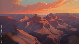 The majestic Grand Canyon at sunset, with vibrant hues painting the sky and casting a warm glow over the rugged terrain