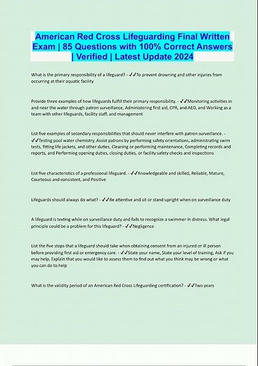 american red cross lifeguarding final written exam 85 questions with 100 correct answers verified la