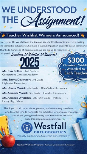 Westfall Orthodontics on Instagram: "🎉🍎 We’re excited to announce our 2025 Teacher Wishlist Winners! 🍎🎉 Each year, our team at Westfall Orthodontics is honored to recognize the educators who go above and beyond for their students. The nominations we receive from parents, students, and community members are truly inspiring, and selecting just a few winners is never easy. Congratulations to our 2025 Teacher Wishlist Winners: ✨ Ms. Kim Collins – 2nd Grade, Cornerstone Christian Academy ✨ Mrs. E