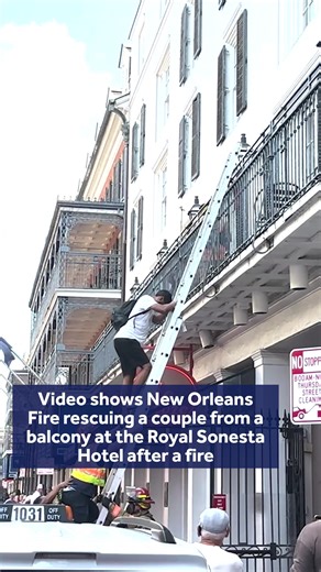 104K views · 412 reactions | Video shows the New Orleans Fire Department rescuing a couple from the balcony of the Royal Sonesta Hotel after a fire on the second floor storage room. Here's the latest>>>https://www.wdsu.com/article/new-orleans-fire-department-at-the-scene-of-a-fire-on-bourbon-street/67987757 | WDSU News | Facebook